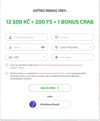 BoaBoa Casino registrace krok 1 s bonusem 12 500 Kč + 200 FS + 1 Bonus Crab